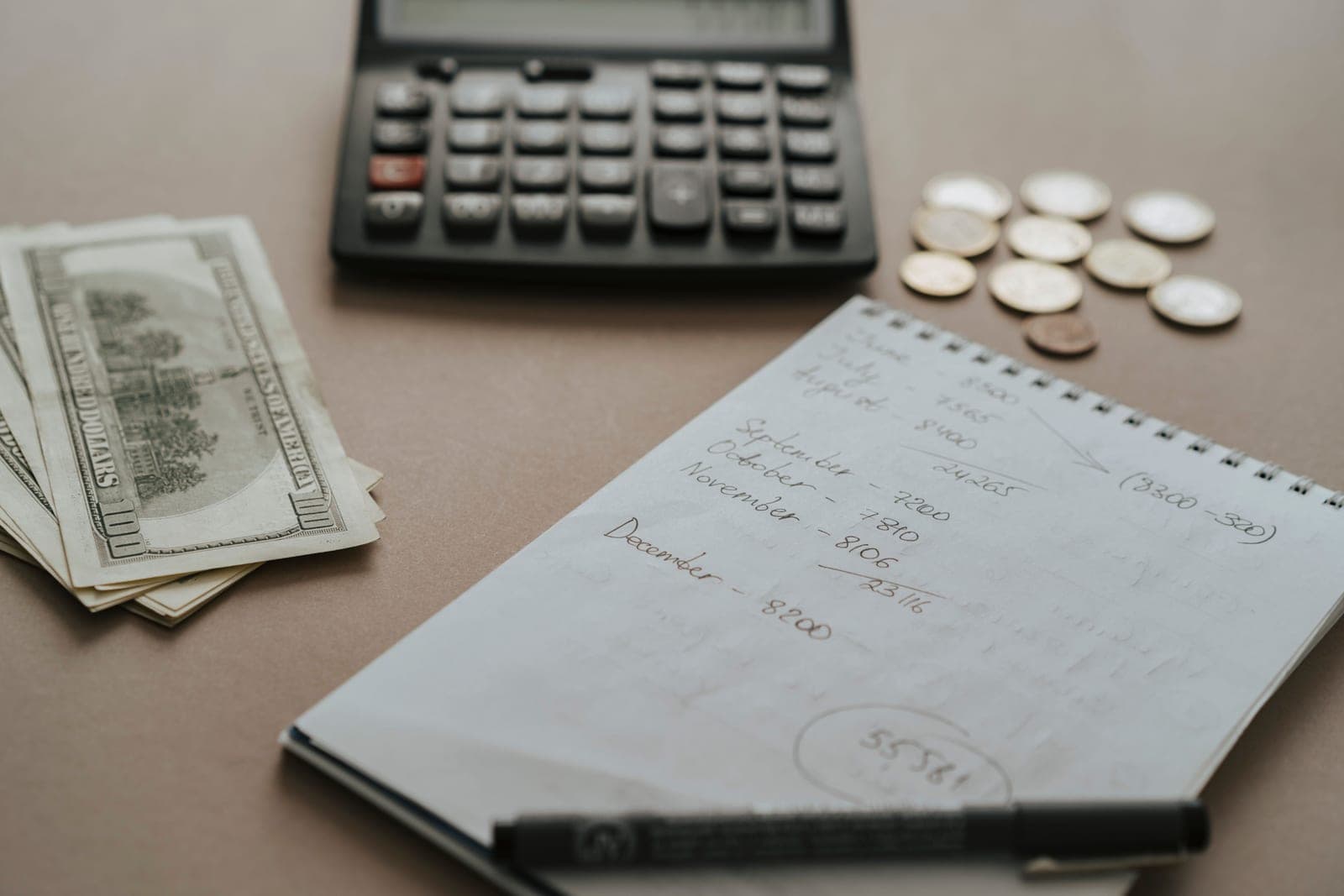 A notebook, pen and calculator on a wooden table